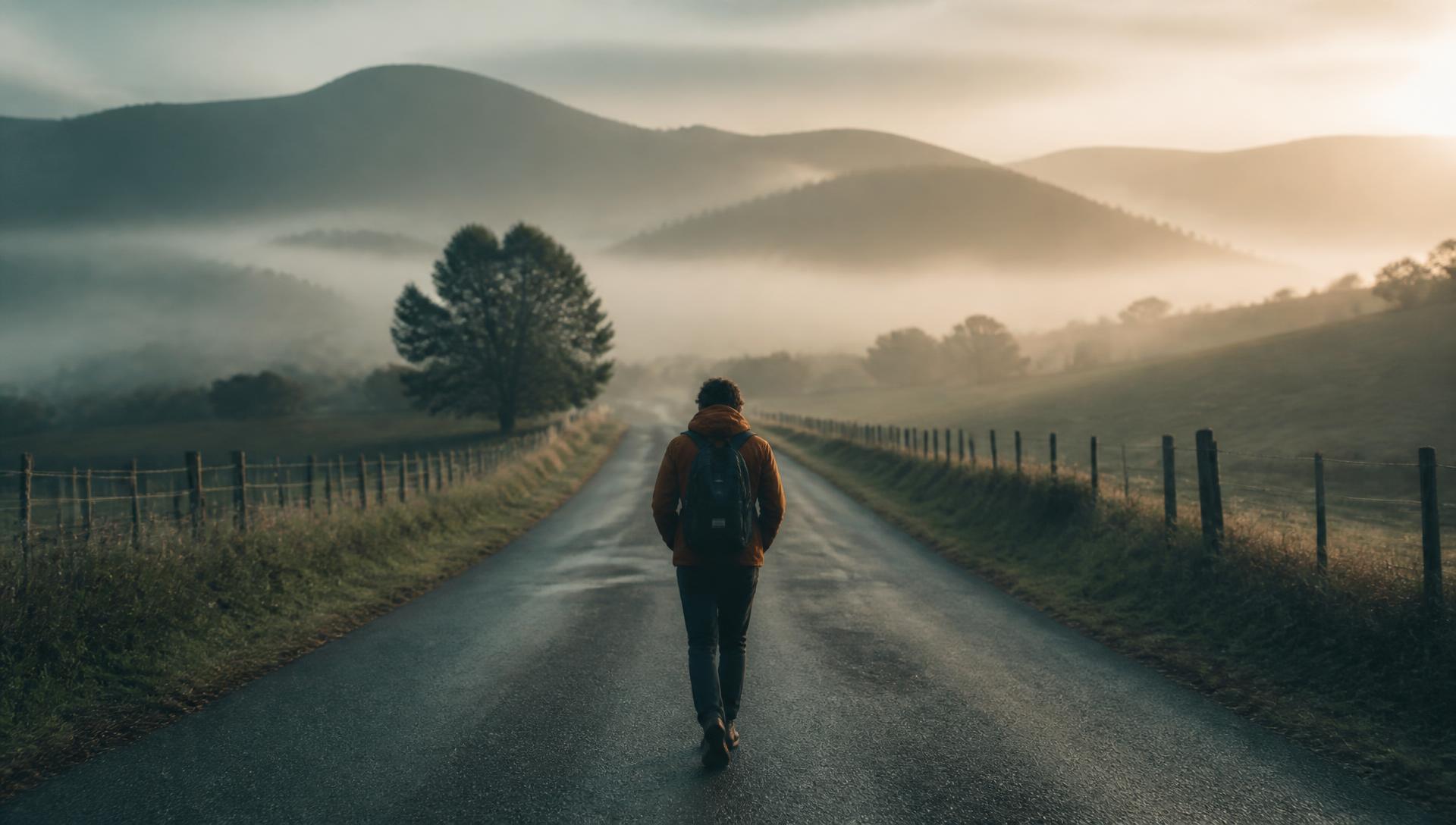 Persona che cammina da sola su una strada di campagna all'alba